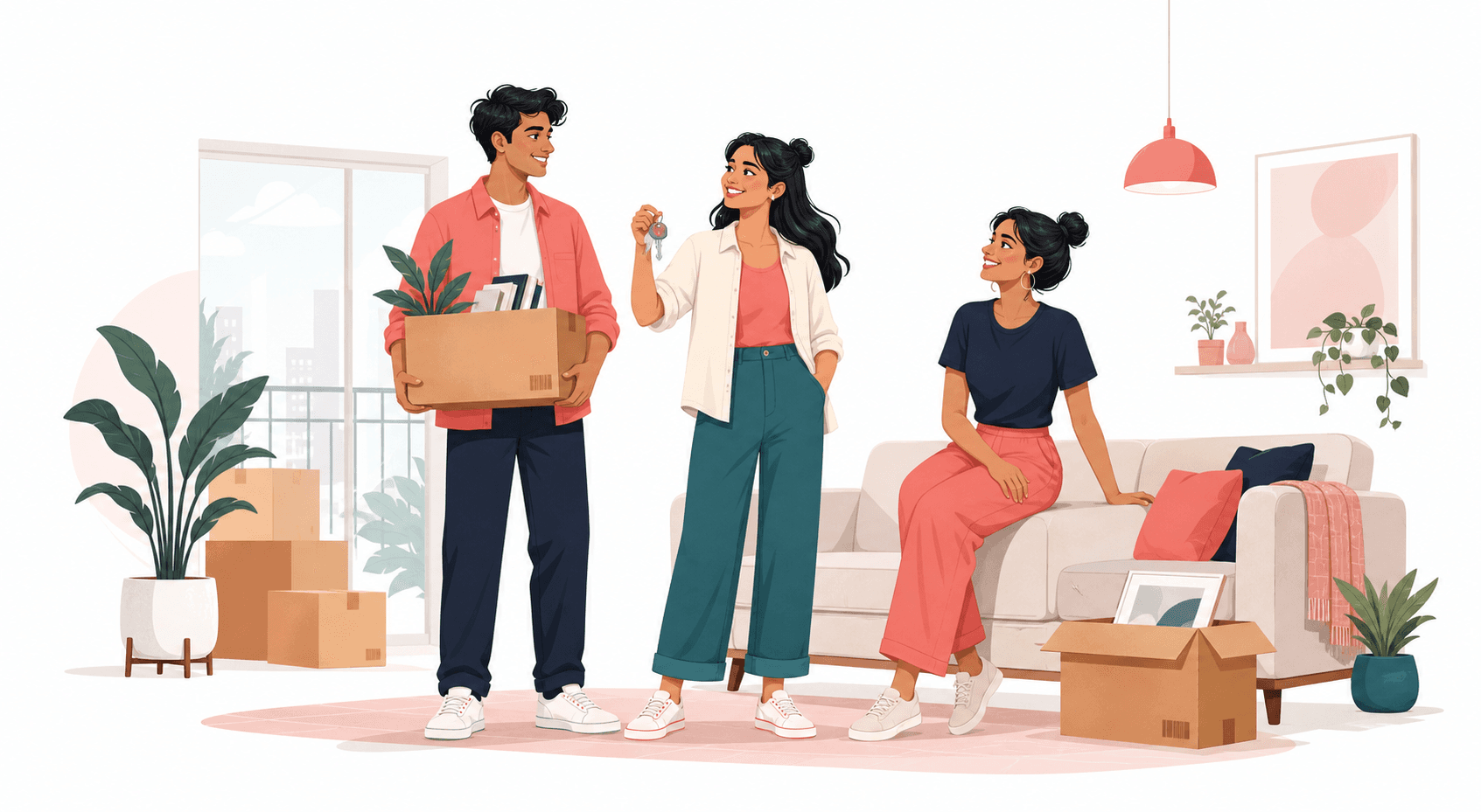 Three Roommet flatmates moving into their shared home