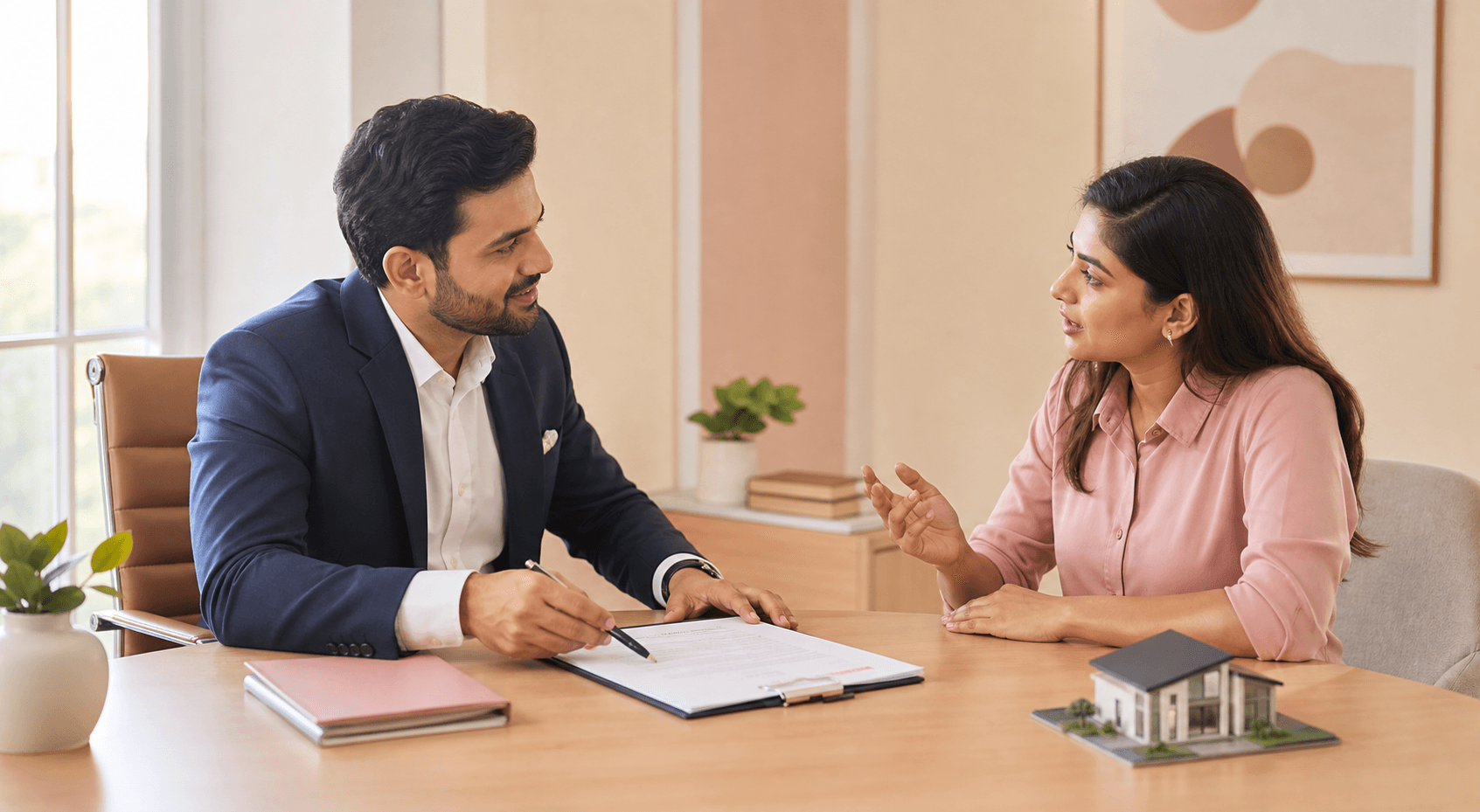 Indian property lawyer reviewing an agreement with a customer